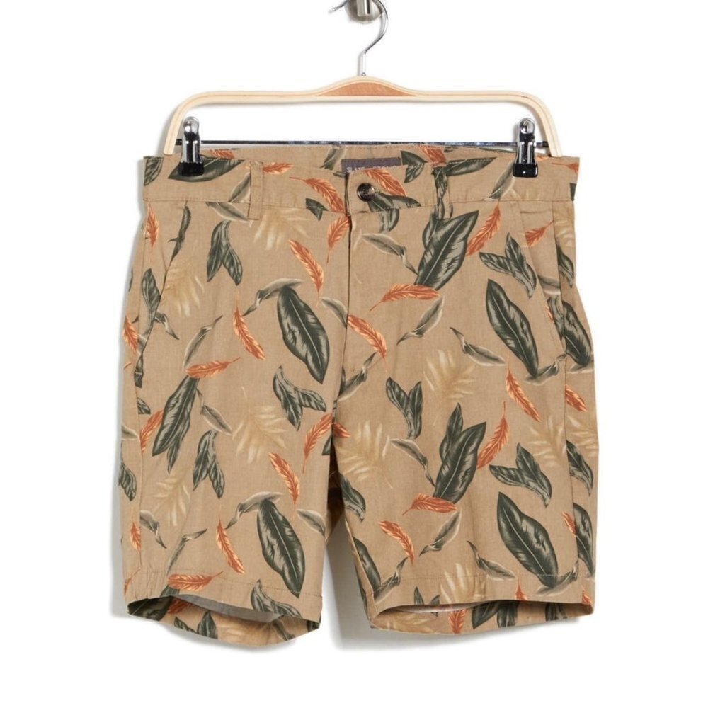 Slate & Stone Mens Khaki Green Tropical Leaf Cotton Pockets Shorts Sz 34 New